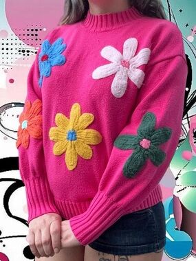 70s style 3d flower high neck sweater - zesica, sz sm, can fit md